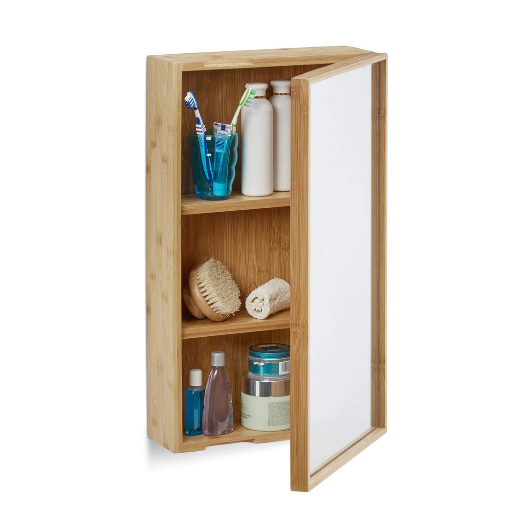 Relaxdays Bad Spiegelschrank aus Bambus, eintüriger Badezimmerschrank mit Spiegel, zusammengebauter