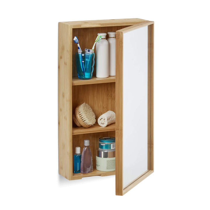 Relaxdays Bad Spiegelschrank aus Bambus, eintüriger Badezimmerschrank mit Spiegel, zusammengebauter