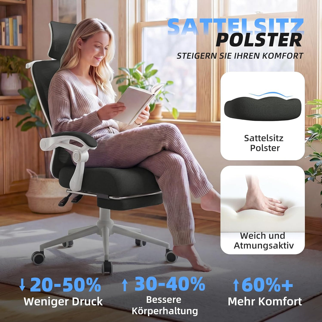 CYKOV Ergonomischer Bürostuhl mit Fussstütze, Büro Stuhl & Gaming Stuhl 150 kg+, 90-160° Verstellbar