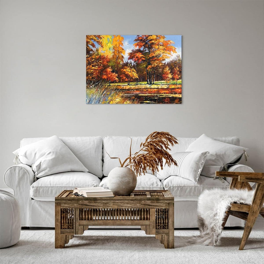 Bilder auf Leinwand Park Herbst Wasser Leinwandbild mit Rahmen 70x50cm Wandbilder Dekoration Wohnzim