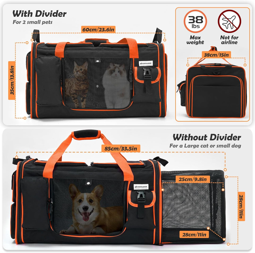 Odoland Katzentransportbox für 2 grosse Katzen 60×38×35cm - Faltbar Erweiterbarer Transporttasche Ka