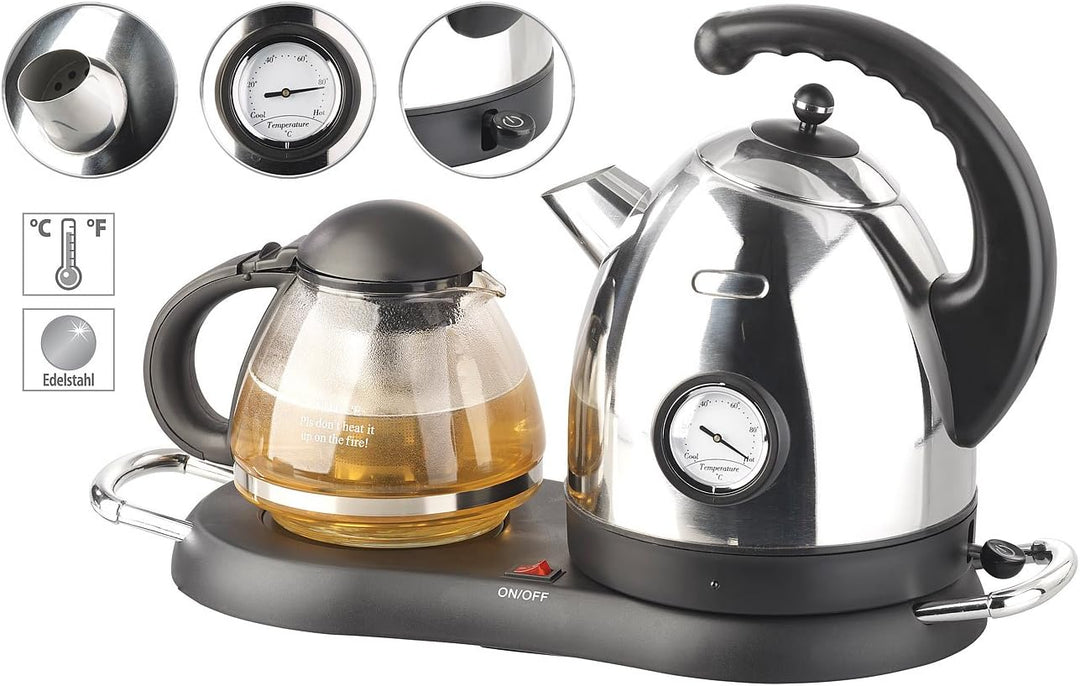 Rosenstein &amp; Söhne Teekanne elektrisch: Edelstahl-Wasserkocher WSK-300.set mit Teekanne (Tee Bereite