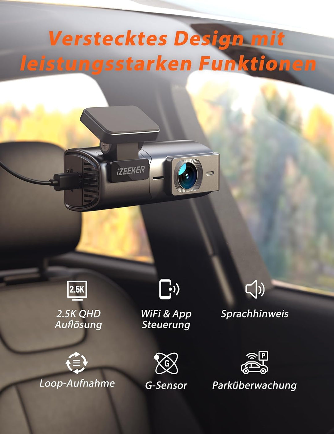 iZEEKER 2,5K Dashcam WiFi Dashkamera für Autos, Mini Auto Kamera 1440P Front Dashcam mit App-Unterst