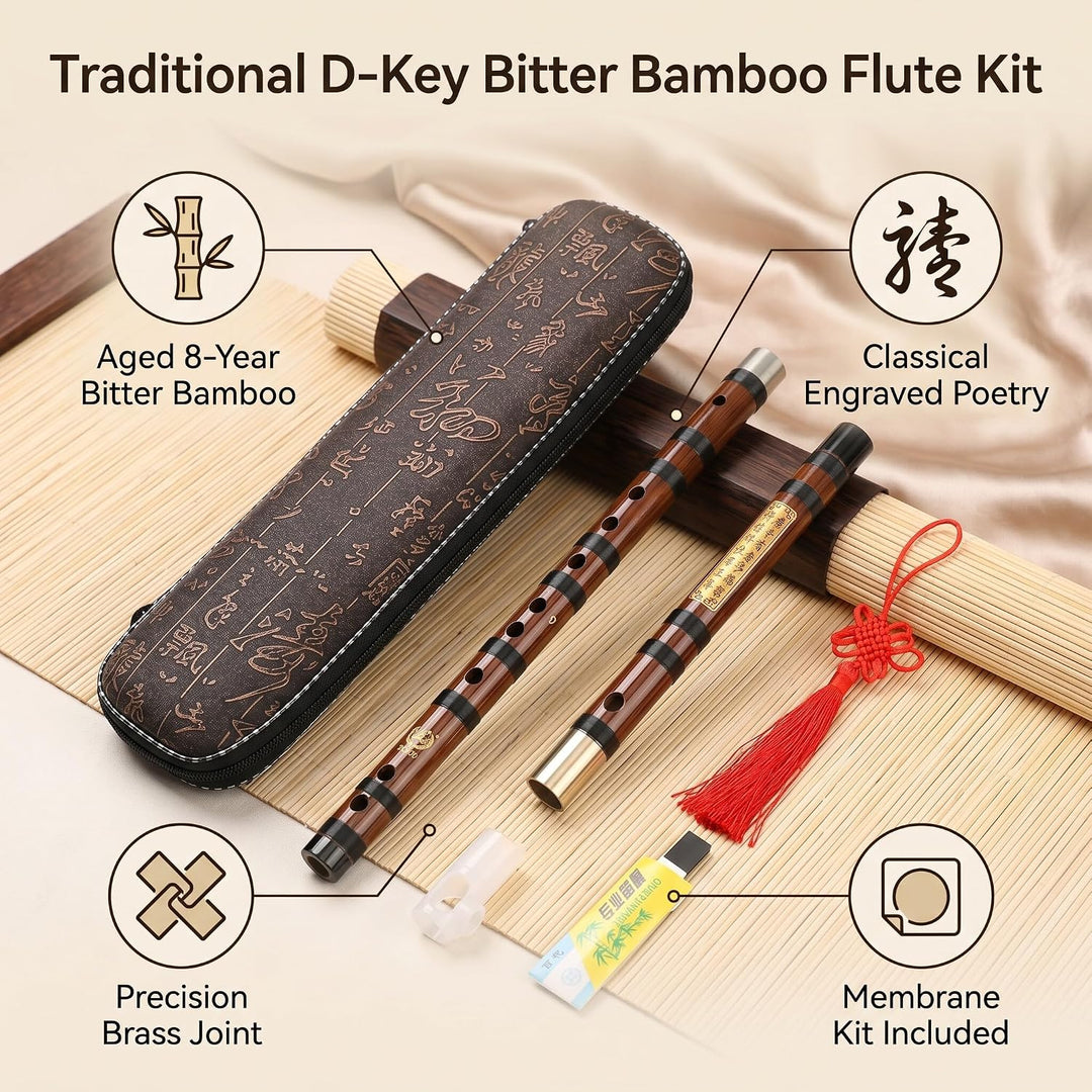 Eujgoov Flöte Bambusflöte, D-Key Dizi Bitter Bambusflöte Traditionelles Chinesisches Instrument mit
