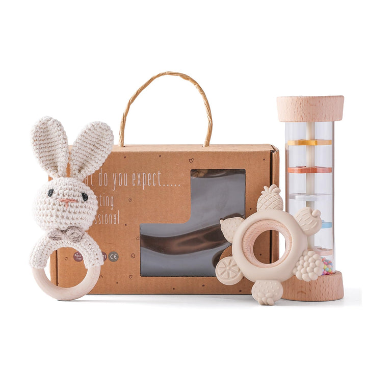 Baby Rassel Set 0 3 6 9 Monate - 3 Stück Baby Rassel Beissring Set mit Gehäkelte Babyrassel und Holz