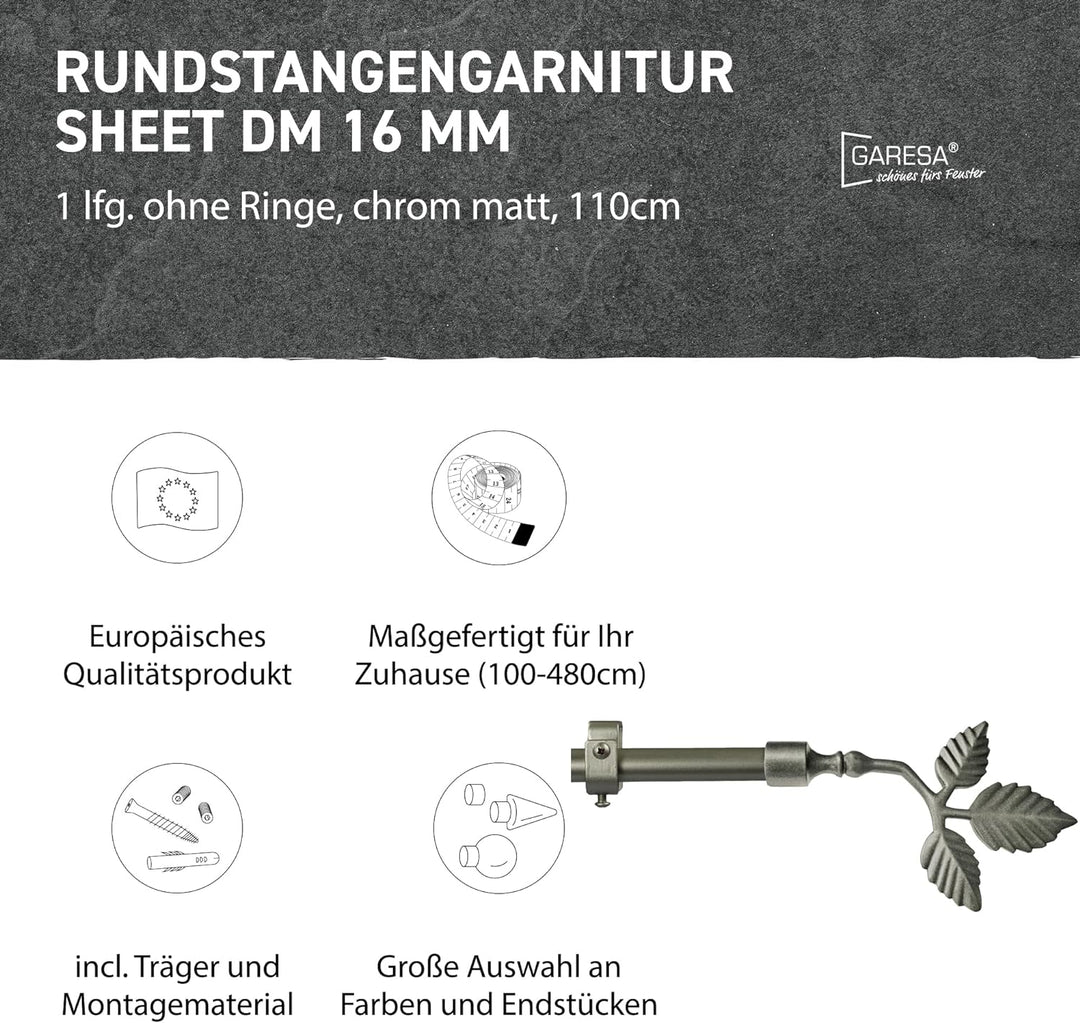 Garesa Gardinenstange Sheet Ø 16mm, 1-läufig, Chrom, matt I Stabile Vorhangstange ohne Ringe I Offen