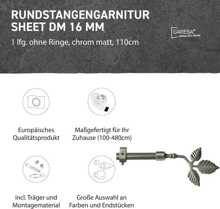 Garesa Gardinenstange Sheet Ø 16mm, 1-läufig, Chrom, matt I Stabile Vorhangstange ohne Ringe I Offen