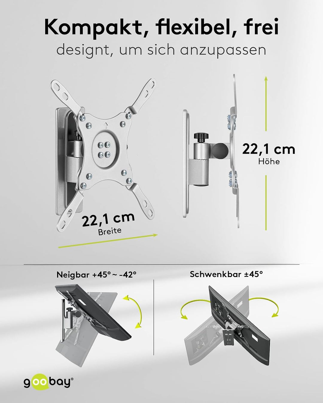 goobay TV-Wandhalterung Wohnmobil 13–43 Zoll, schwenkbar, verriegelbar, VESA 200x200, bis 15 kg, mit