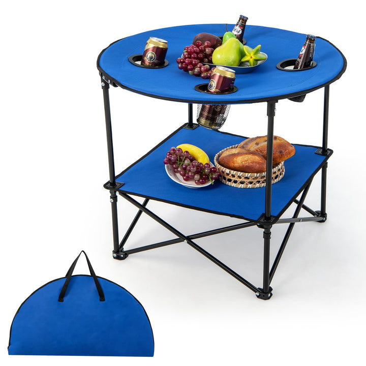 KOMFOTTEU Ø72cm Campingtisch klappbar, Picknicktisch mit 4 Becherhaltern, Strandtisch rund mit Trage