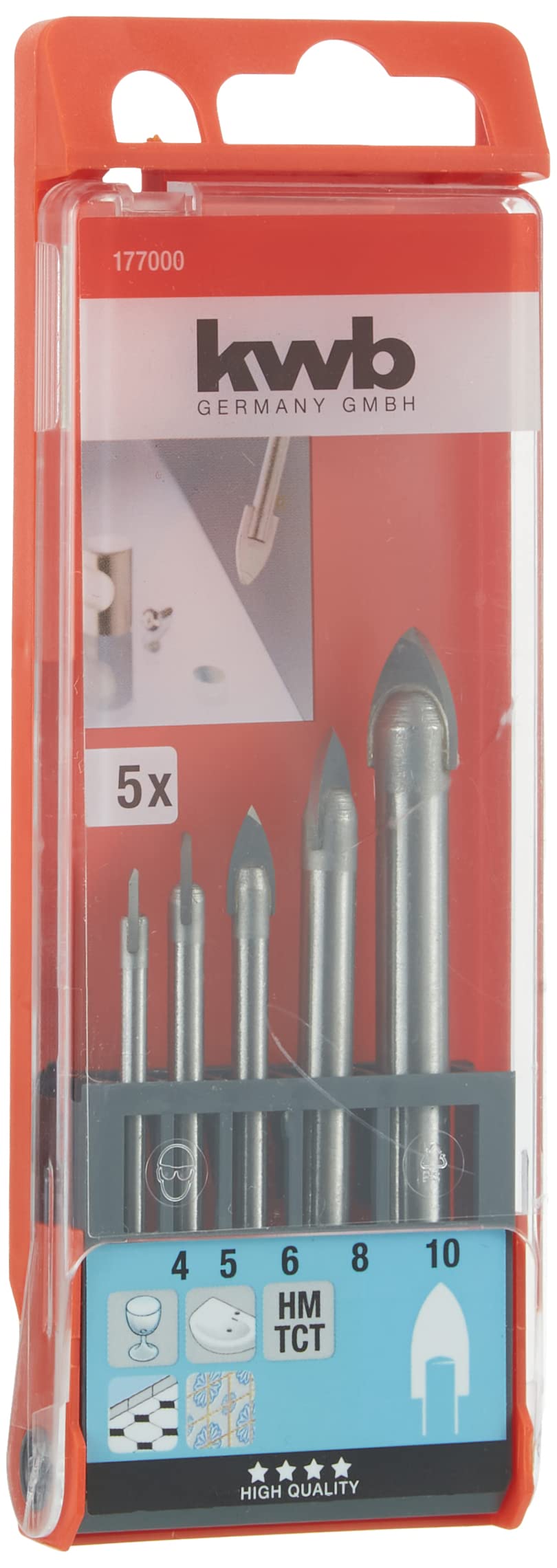 kwb Glasbohrersatz, 5-tlg, 4-10 mm, Glas, Porzellan, Fliesen, universel, Keramik 4, 5, 5, 8, 10 mm,