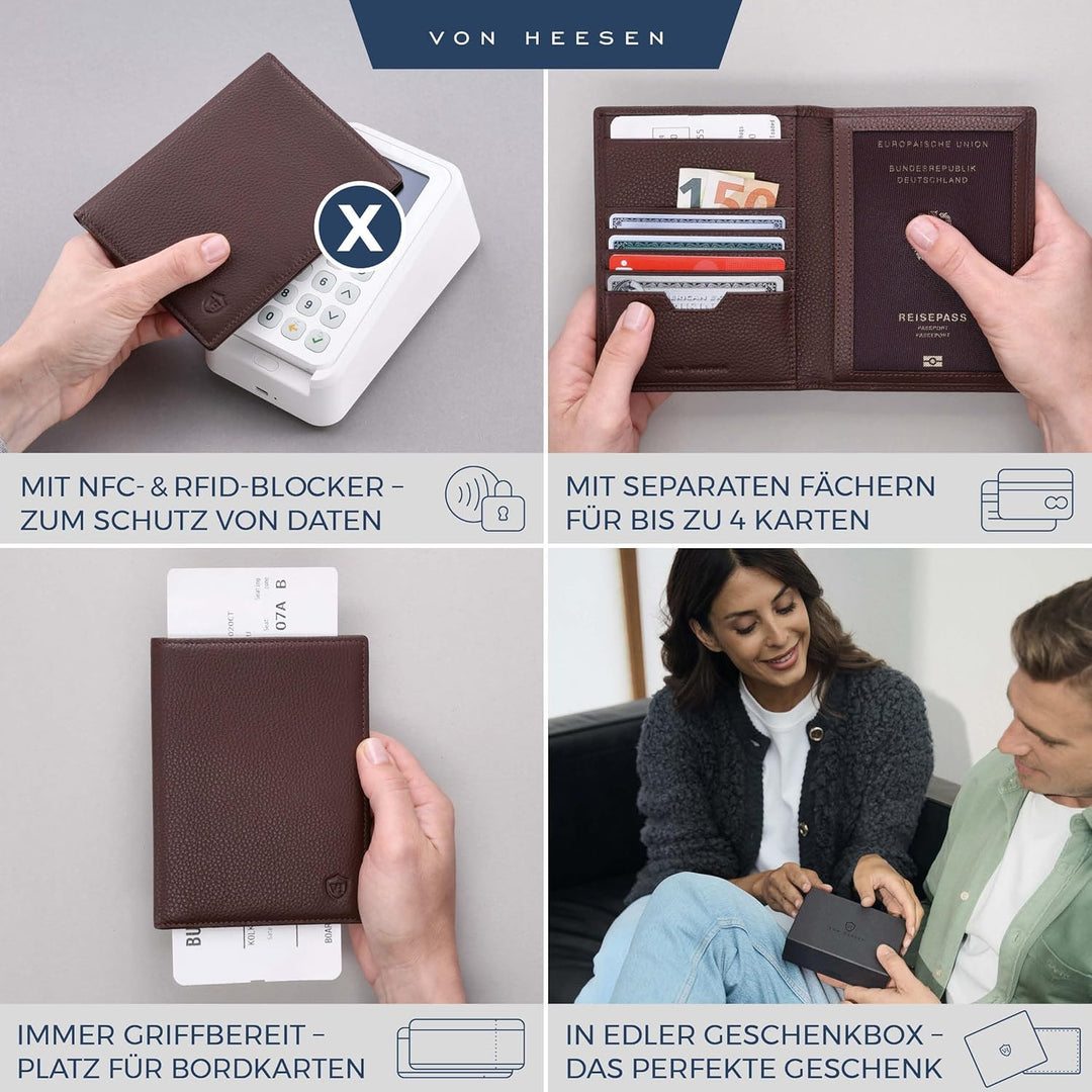 VON HEESEN® Reisepasshülle Leder Etui mit RFID-Schutz - Passhülle Passport Reisepass Mappe Hülle Org