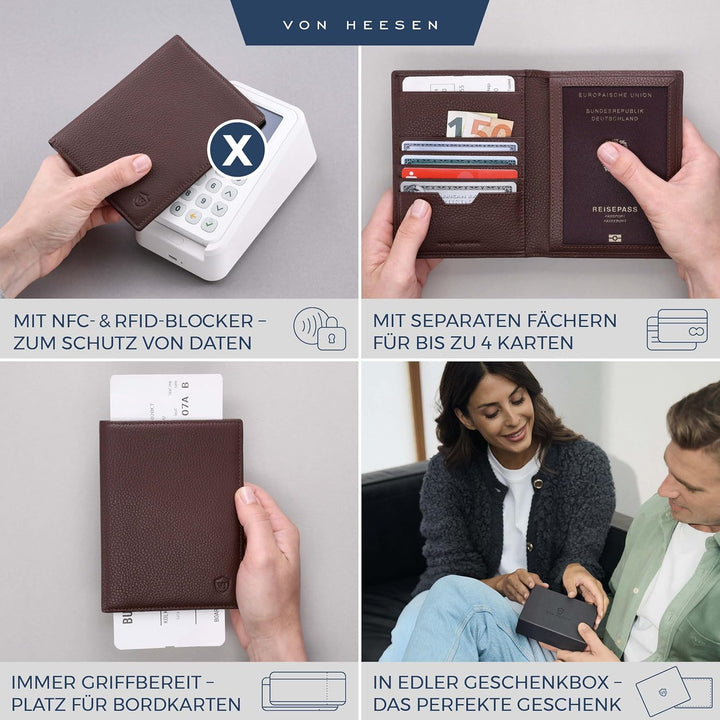 VON HEESEN® Reisepasshülle Leder Etui mit RFID-Schutz - Passhülle Passport Reisepass Mappe Hülle Org