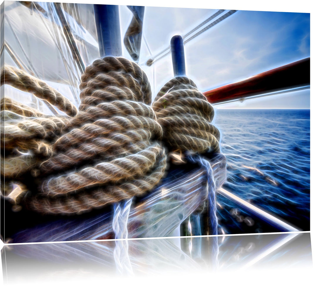 Tau Seile auf Boot abstrakt Format: 120x80 auf Leinwand, XXL riesige Bilder fertig gerahmt mit Keilr