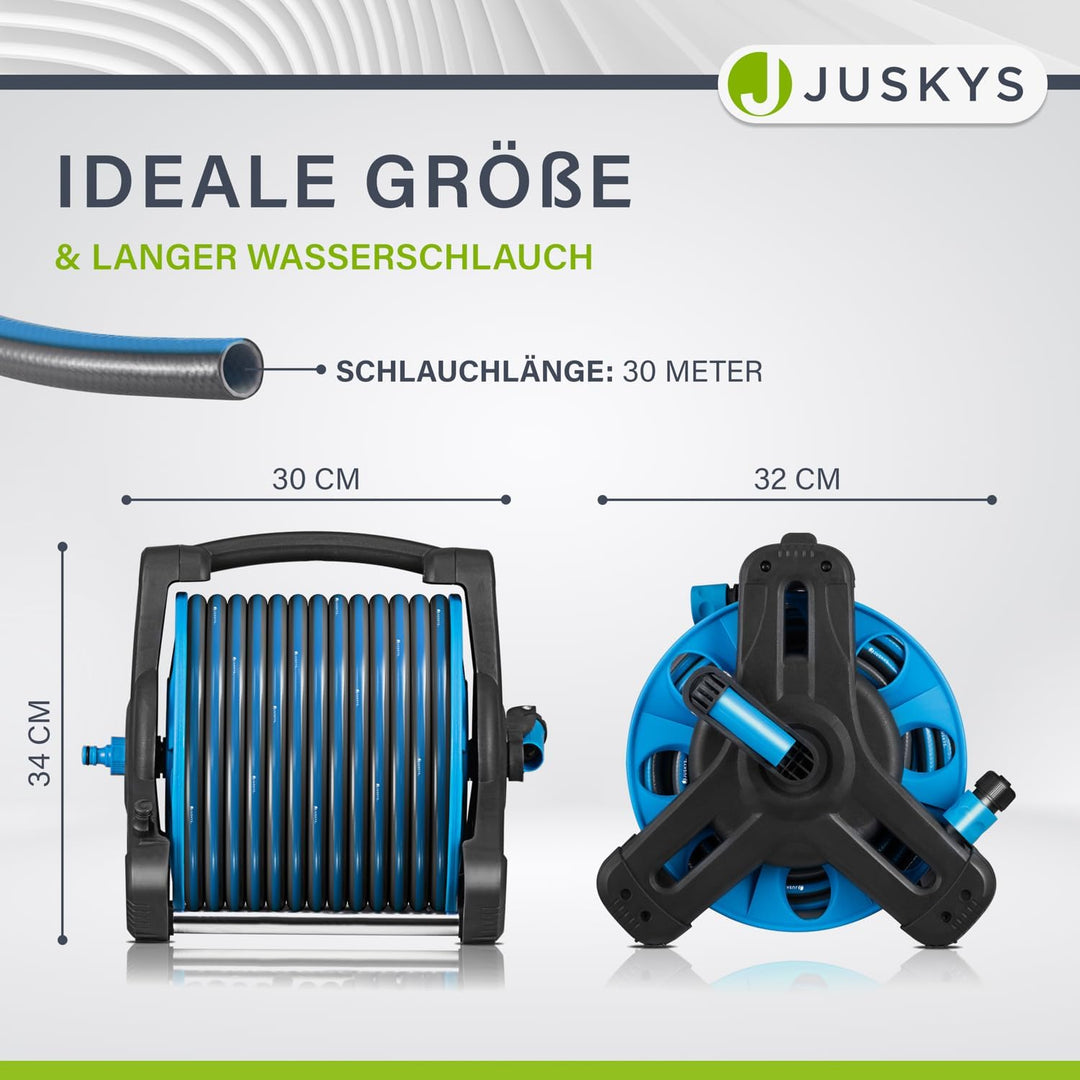 Juskys Schlauchtrommel mit 30 m Wasserschlauch und Multifunktionsbrause - Mobiler Schlauchaufroller