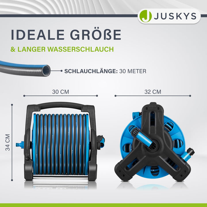 Juskys Schlauchtrommel mit 30 m Wasserschlauch und Multifunktionsbrause - Mobiler Schlauchaufroller