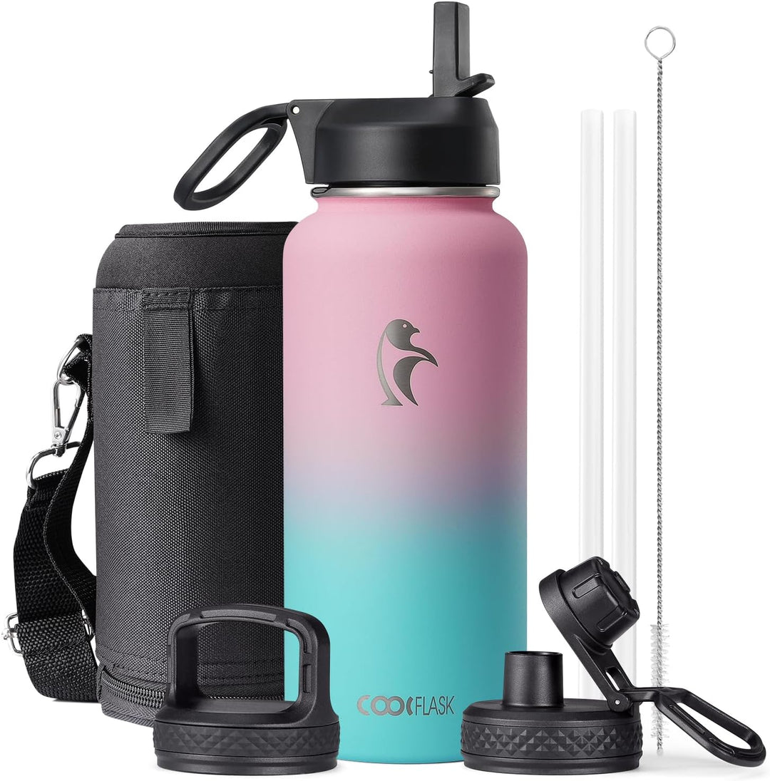 Coolflask Isolierte Wasserflasche 1L, Edelstahl Isolierte Wasserflasche mit Strohhalm & 3 Deckeln, D