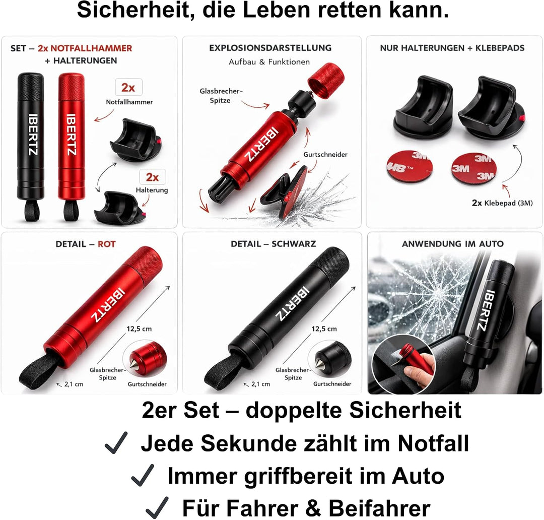 Notfallhammer Auto 2er Set mit Halterung & Testglas – Scheibenhammer mit Gurtschneider – KFZ Nothamm