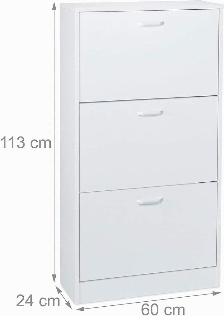 Relaxdays Schuhschrank, HxBxT: 113 x 60 x 24 cm, für 18 Paar, 3 Klappen, schmaler Schuhkipper, Flur