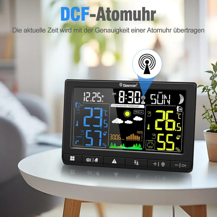 Geevon Wetterstation Funk mit Aussensensor, DCF-Funkuhr, Grosses LCD 350° Ablesewinkel für Innen und