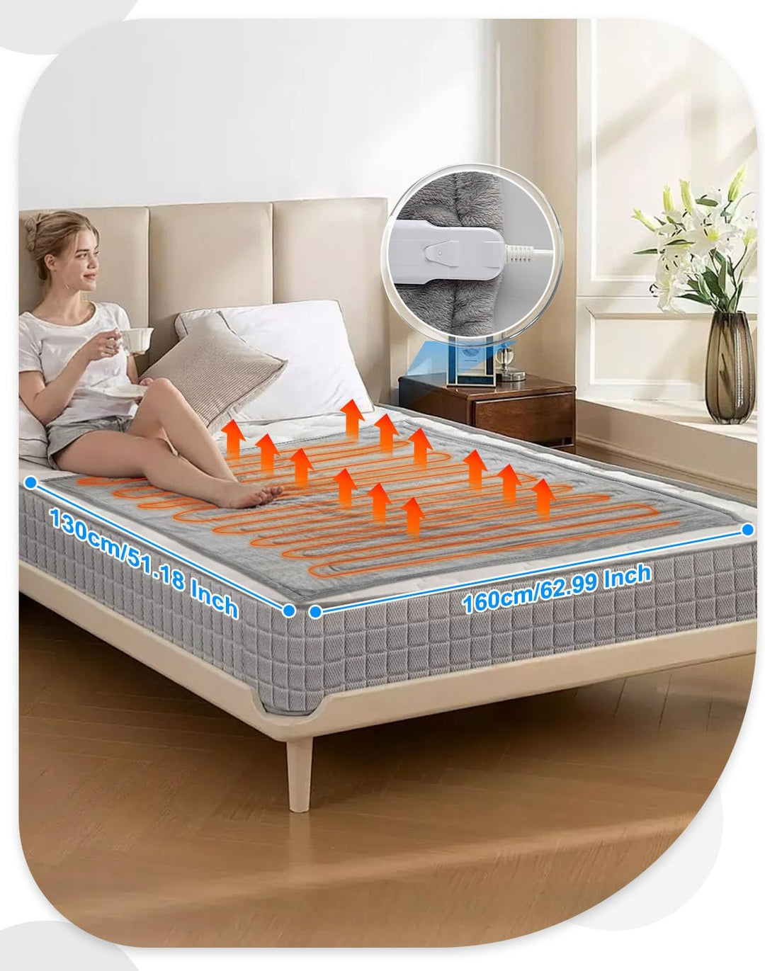 Heizdecke Elektrisch 180x130 cm, Flauschige Wärmedecke mit Abschaltautomatik & 6 Timer, 6 Heizstufen