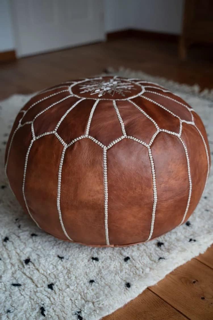 Marokkanischer Echtleder Pouf - Cognac Braun - Handgefertigt - gefüllt geliefert - Ottoman Sitzsack