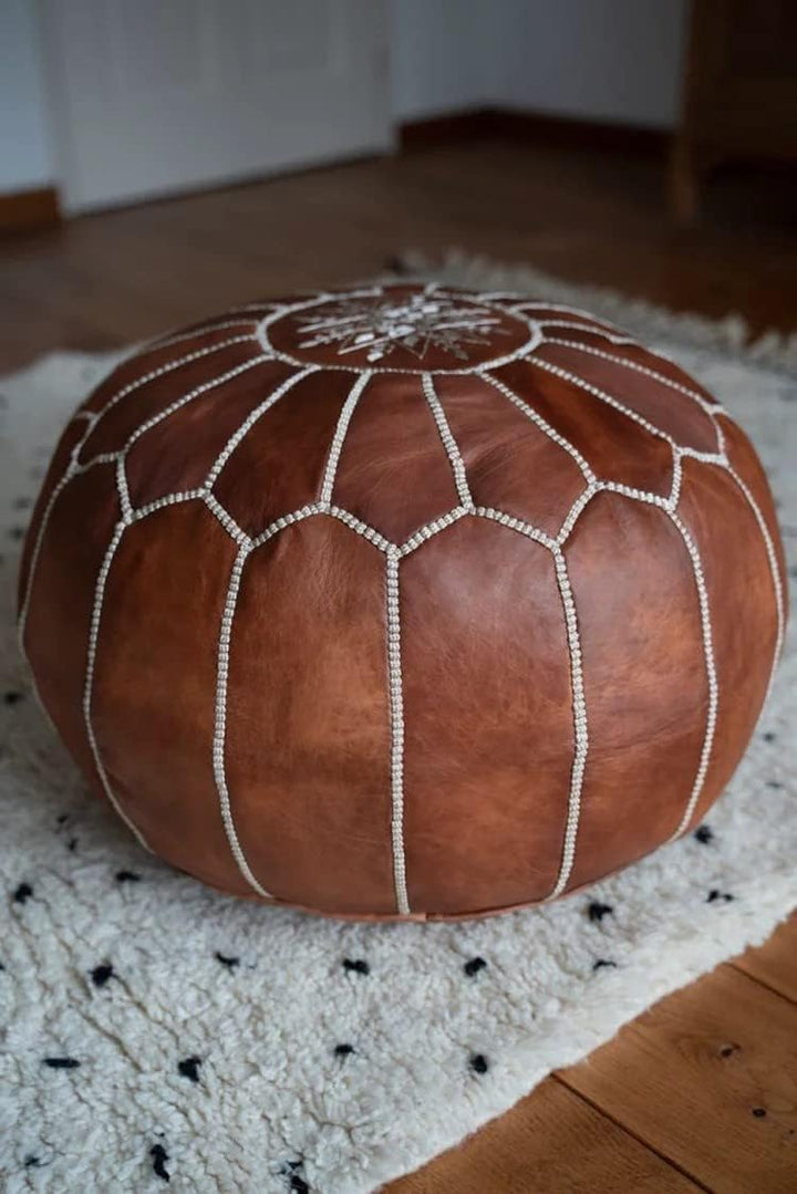 Marokkanischer Echtleder Pouf - Cognac Braun - Handgefertigt - gefüllt geliefert - Ottoman Sitzsack