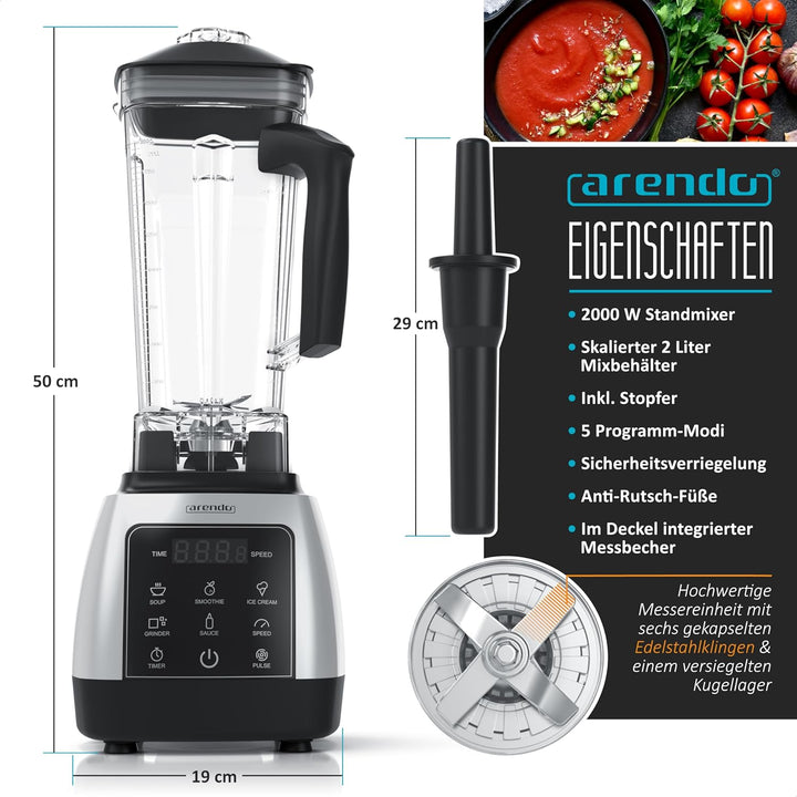 Arendo - Standmixer 2000 Watt mit Touchpanel - Hochleitungsmixer - 2L - 9 Geschwindigkeitsstufen – m