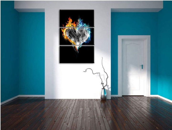 Dark brennendes Herz aus Feuer und Wasser schwarz/weiss 3-Teiler Leinwandbild 120x80 Bild auf Leinwa