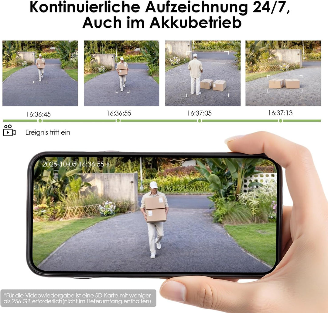 Alles in 1 Überwachungskamera Aussen Akku Solar, 2K, 100% Kabellos, 360° PTZ Kamera Überwachung Auss
