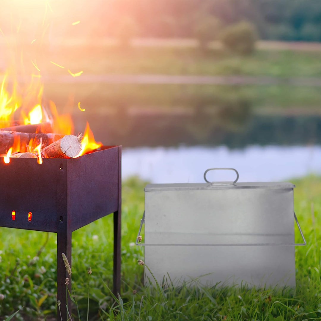 Relaxdays Ascheeimer eckig, Aschekasten mit Deckel, 15 l, verzinkter Stahl, Aschebehälter für Kamin,
