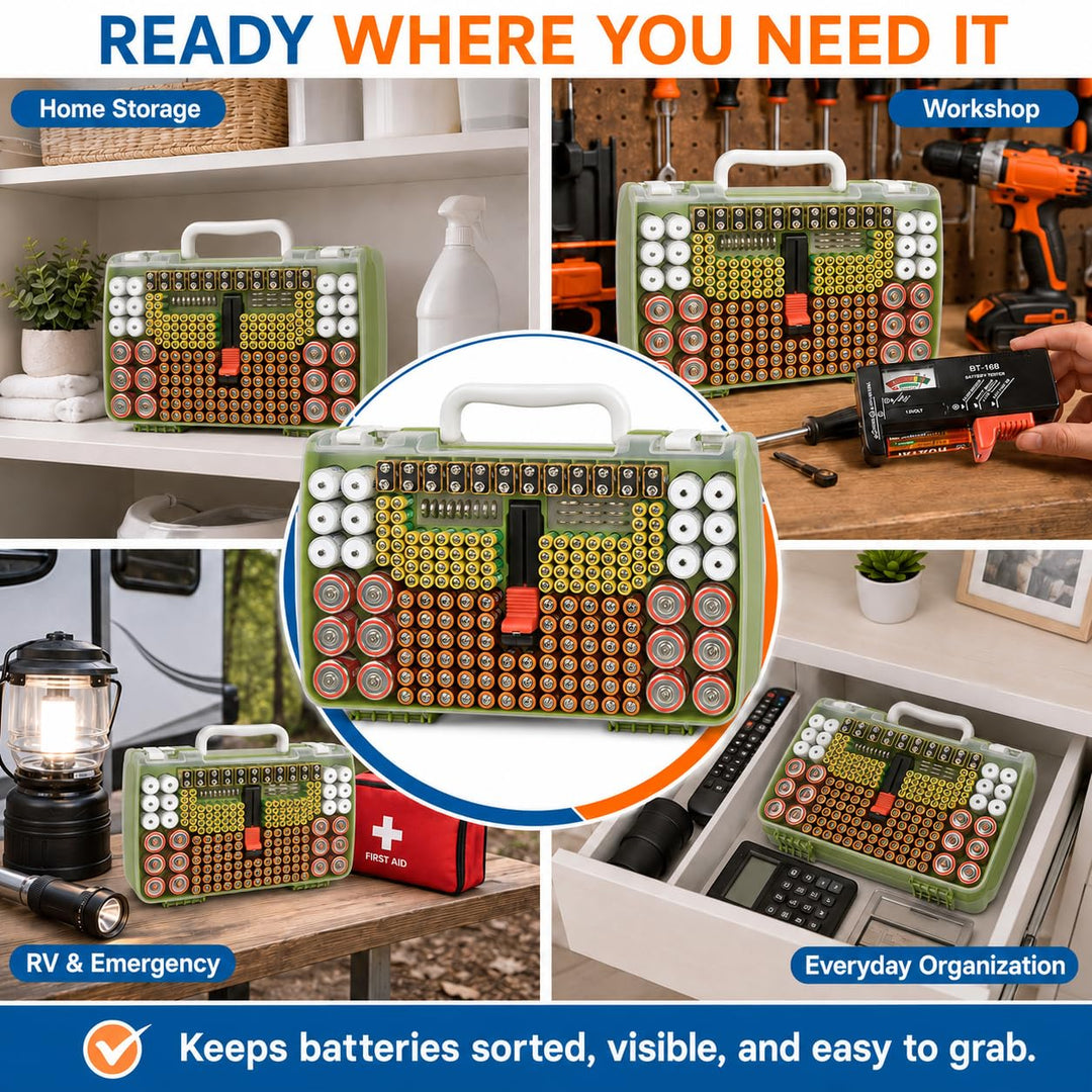 Batterie-Organizer, Aufbewahrungskoffer mit doppelseitiger Garagenbox mit Tester, Batteriebehälter f