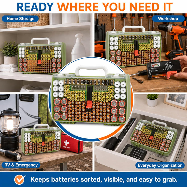 Batterie-Organizer, Aufbewahrungskoffer mit doppelseitiger Garagenbox mit Tester, Batteriebehälter f