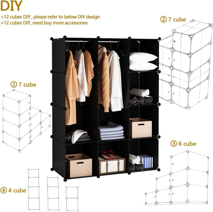 BRIAN & DANY Kleiderschrank aus 12 Würfeln, modularer Speicher-Organisator Kunststoffschrank mit Tür