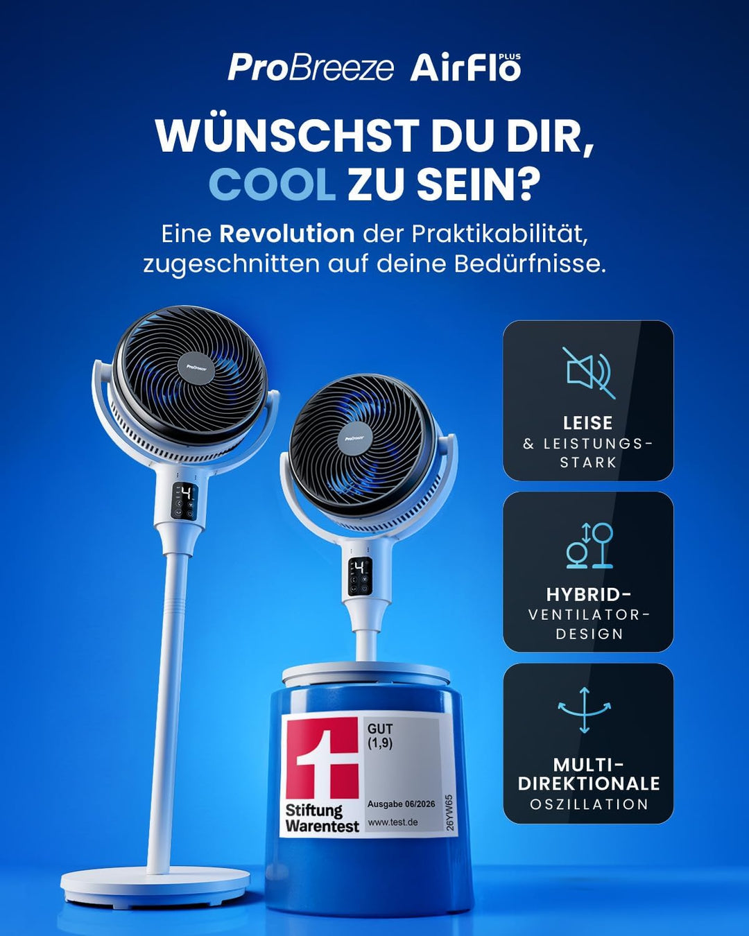 Pro Breeze AirFlo Smart Standventilator 109 cm – Leiser Ventilator mit LED-Display, App & Fernbedien
