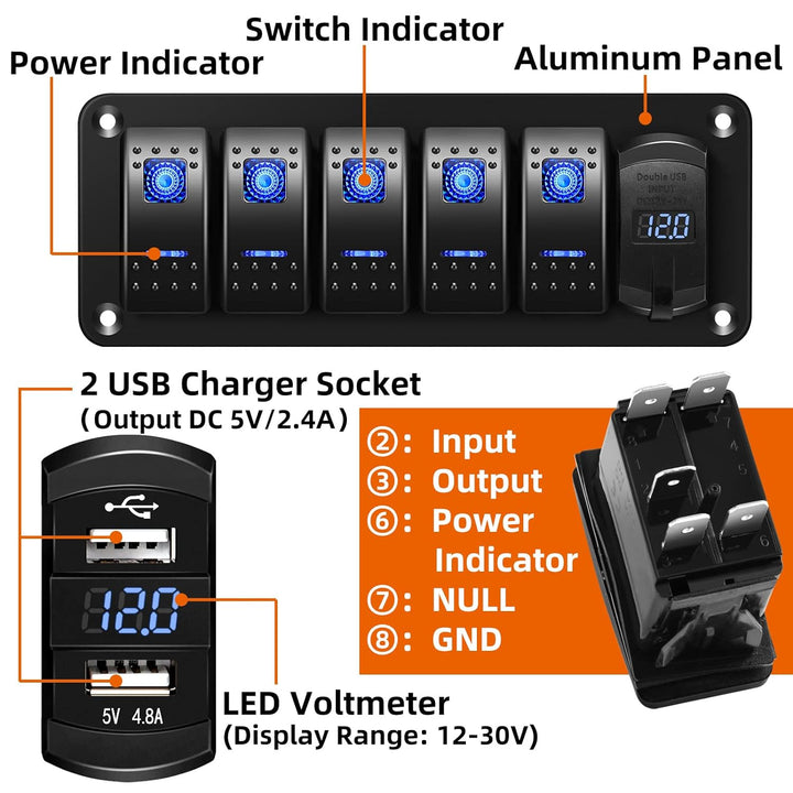 12V/24V Schalter Panel Schaltpanel, Dual-USB-Ladegerät 4.8A LED Voltmeter, Zigarettenanzünder 5 Kipp