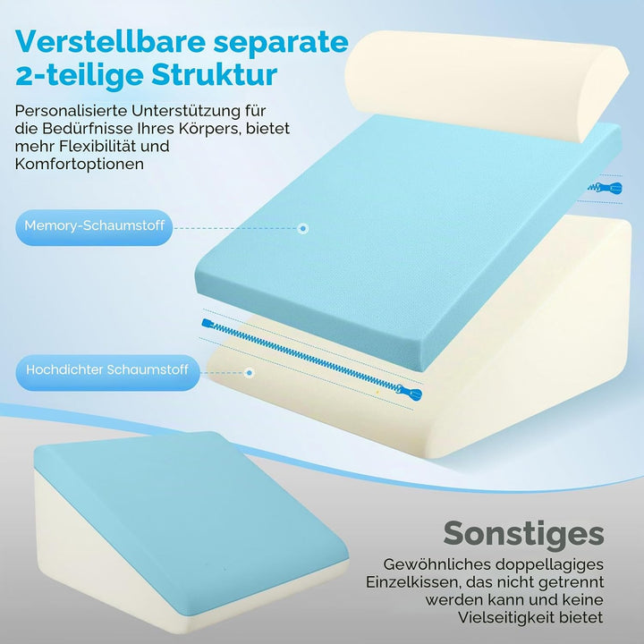 Keilkissen für Bett und Sofa, Doppelte Lage Memory Schaum Lesekissen, Verstellbares Keilkissen, Ergo