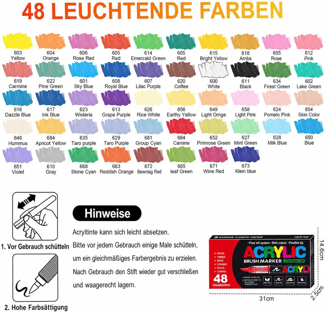 Laconile 48 Farben Acrylstifte für Steine Wasserfest, Brush Tip Acrylic Pens Set, Schnelltrocknend u