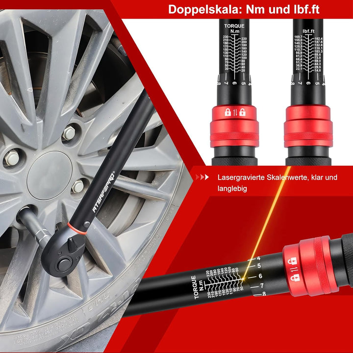 ATsafepro Drehmomentschlüssel 1/2 Zoll, Drehmomentschlüssel Auto 20-230 Nm mit 3/8 Zoll Adapter, hoh
