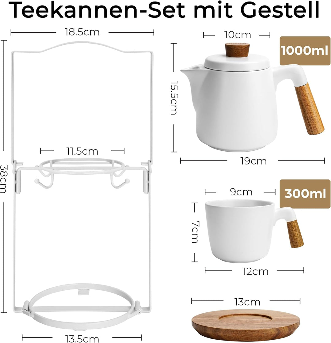 MIAMIO - 1 Liter Keramik-Teekanne-Set mit Siebeinsatz und Tassen/Teesieb, 4 Keramik-Teetassen (300 m