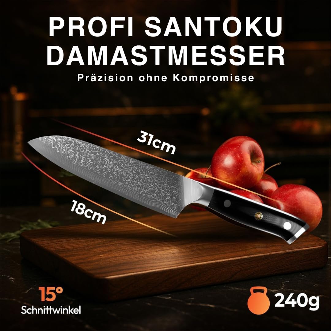 Santoku Damastmesser 18cm,Profi Kochmesser aus 67 Lagen VG10 Stahl | Handgeschmiedete Klinge, Echte