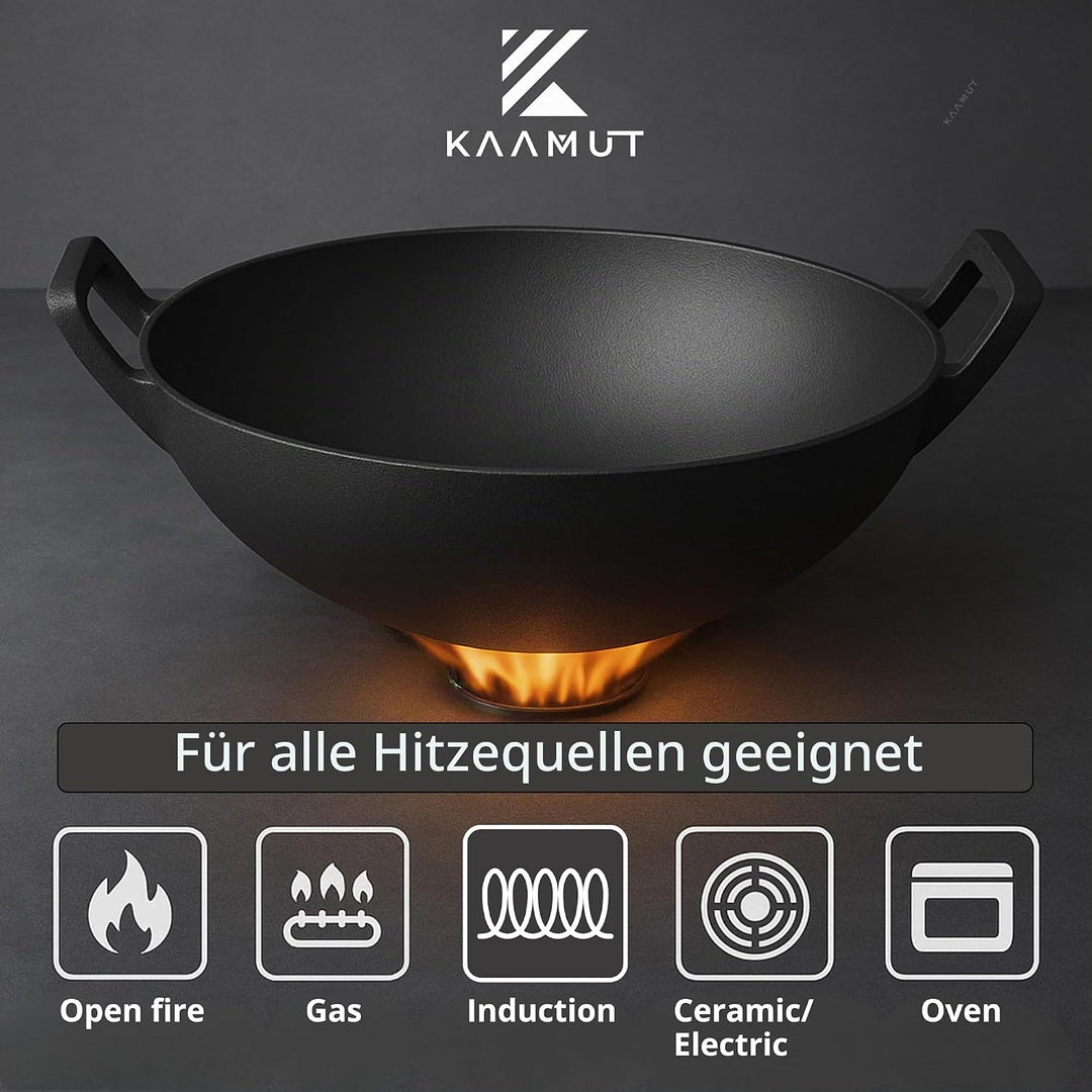 Wok Wadjan Professionell Ø36 aus Gusseisen – Mit Holzdeckel &amp; Bambus-Wokbürste – Für alle Wärmequell