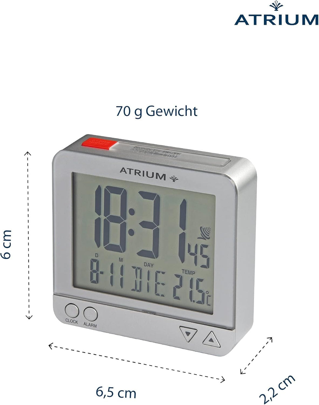 Atrium Funkwecker Reisewecker klein Digital Quarz LCD sensorgesteuertes Nachtlicht Beleuchtung Silbe