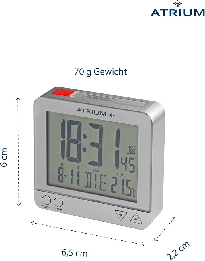 Atrium Funkwecker Reisewecker klein Digital Quarz LCD sensorgesteuertes Nachtlicht Beleuchtung Silbe