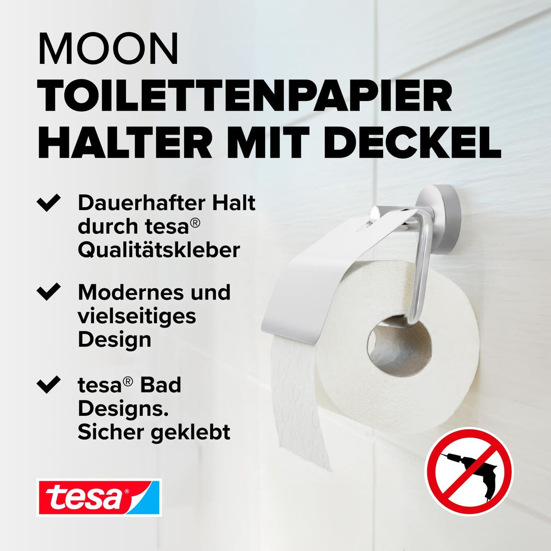 tesa Moon Toilettenpapierhalter mit Deckel, verchromt - WC-Rollenhalter zur Wandbefestigung ohne Boh