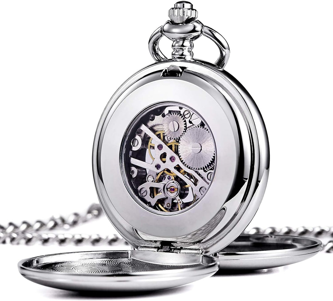 TREEWETO Pocket Watch - Smooth Double Case Series Skeleton Dial Delicate Mechanical Movement with Ch