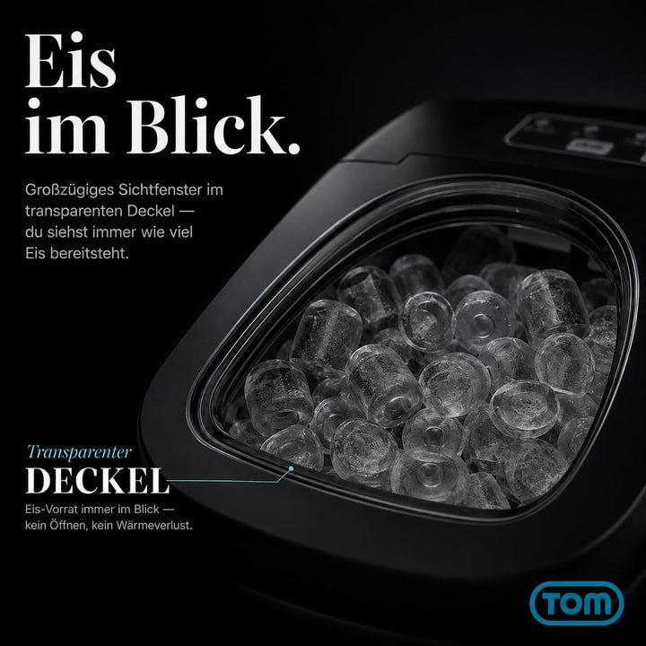 TOM Eiswürfelmaschine – 9 Eiswürfel in 6-8 min – 12 kg/24 h – 2 Würfelgrössen – Ice maker Eiswürfelm