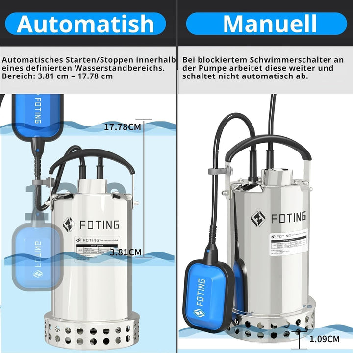 FOTING Edelstahl Tauchpumpe 900 W, 13.000 l/h, Förderhöhe bis 9 m, Eintauchtiefe bis 7 m, mit Schwim