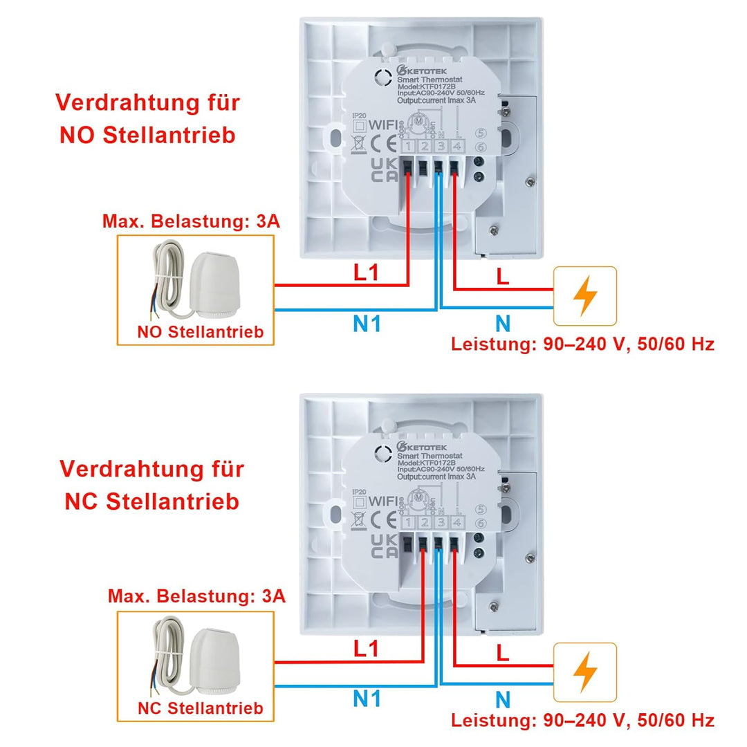 KETOTEK Thermostat Fussbodenheizung Wasser WiFi 3A Unterputz, Programmierbar Raumthermostat Fussbode