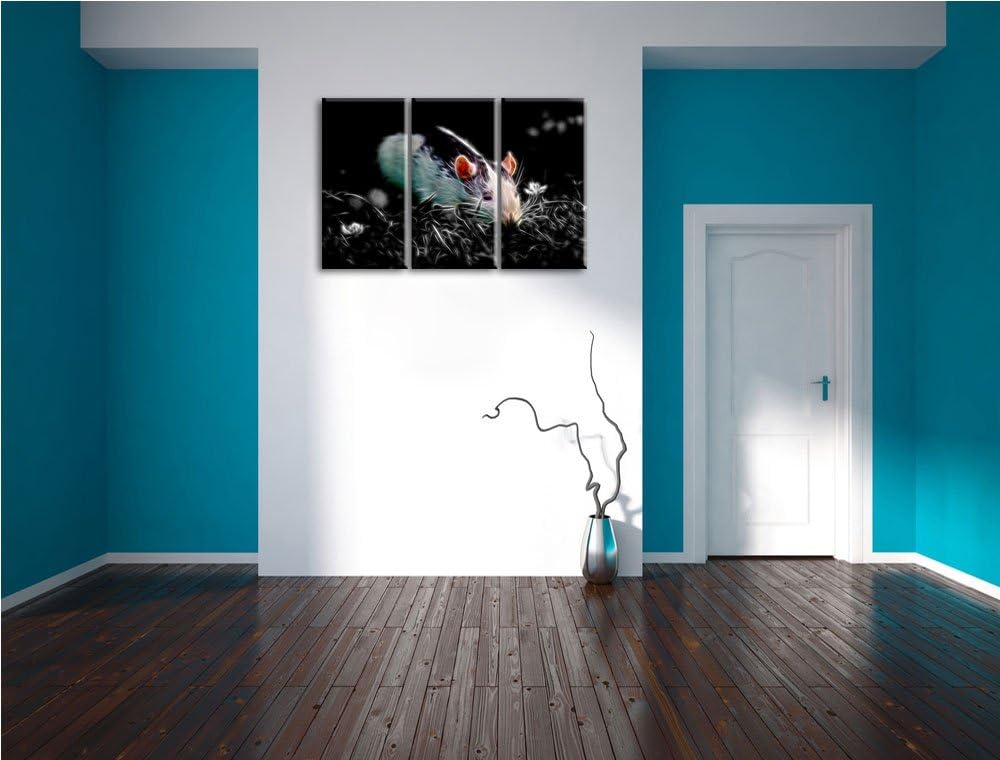 Dark kleine Maus auf Blumenwiese schwarz/weiss Deluxe 3-Teiler Leinwandbild 120x80 Bild auf Leinwand