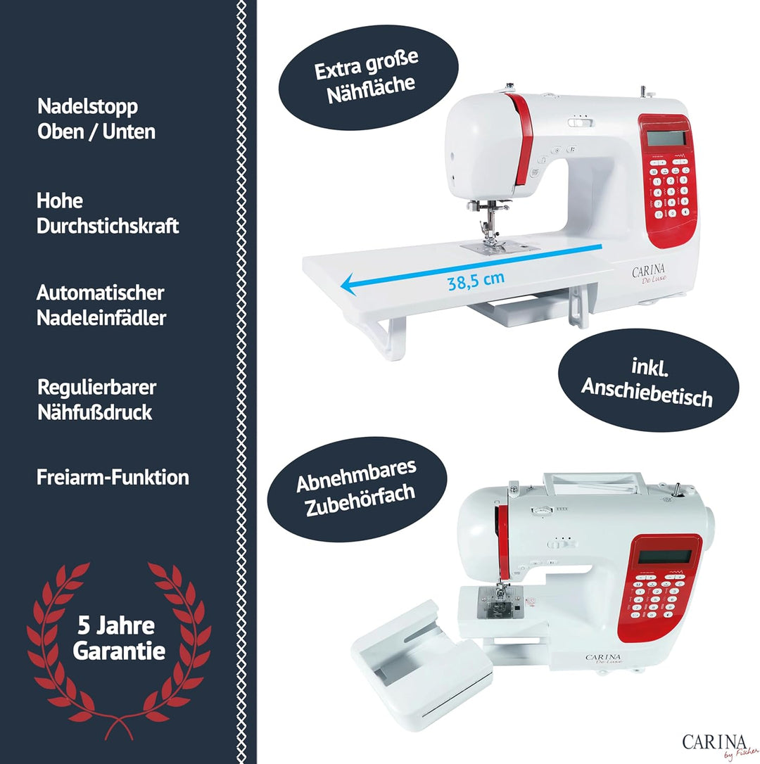 CARINA Nähmaschine De Luxe I 197 Stichprogramme I Einfädelhilfe I 7 Knopflöcher I Nähen ohne Fussanl
